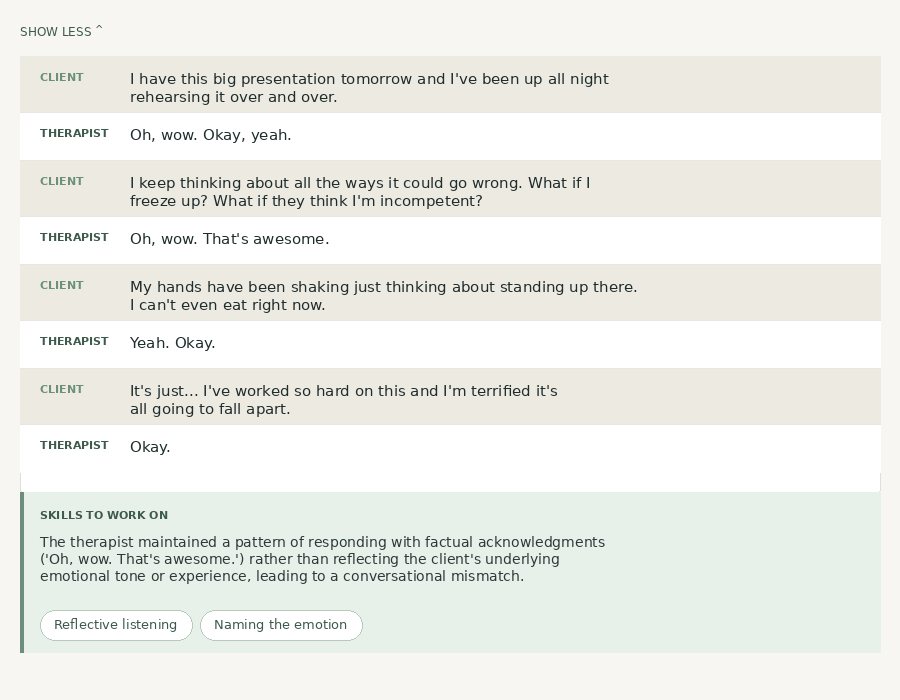 A therapy transcript showing a conversational mismatch between client anxiety and flat therapist responses, illustrating the Psychotherapy Attunement Scale concept